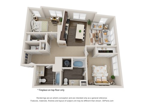Floor plan for 2 beds, 2 baths, 1132 sqft